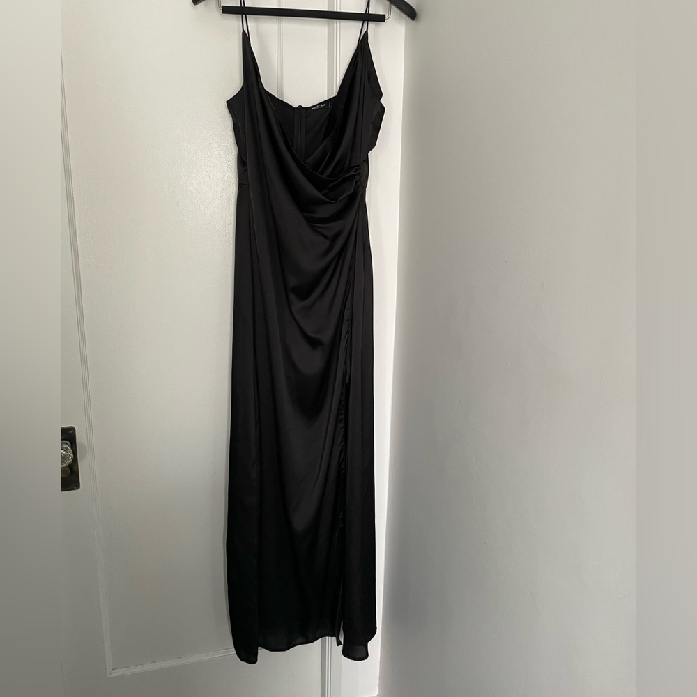 Spaghetti-Strap Satin Cowl Neck and Side Rouched Maxi Dress